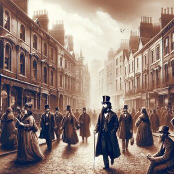 Hombre de Galera y bastón caminando por el Londres victoriano